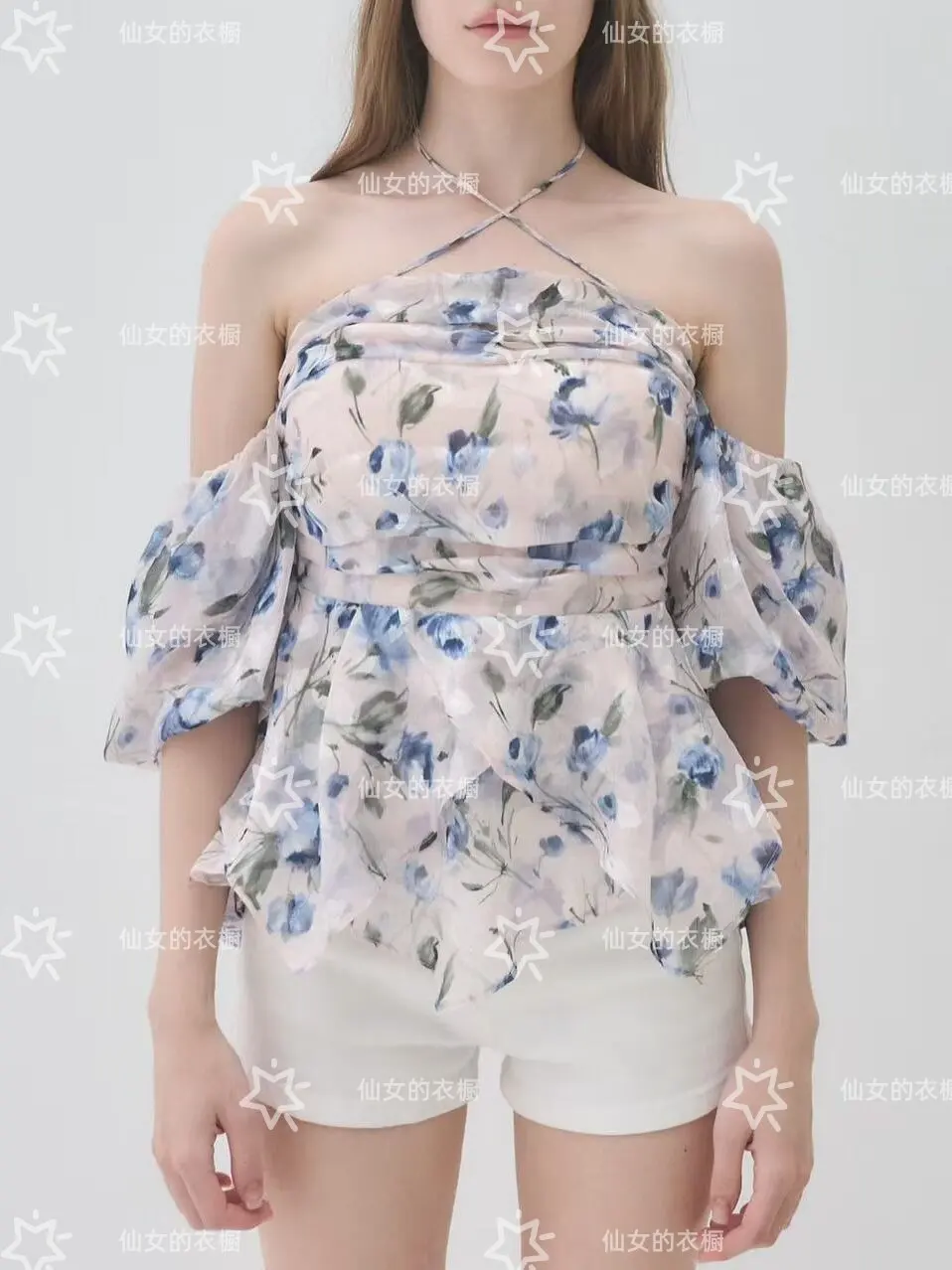 Summer Elegant Blouses Femme New French Style Girl Floral Off Shoulder Top Waist Cinched Irregular Chiffon Shirt for Women