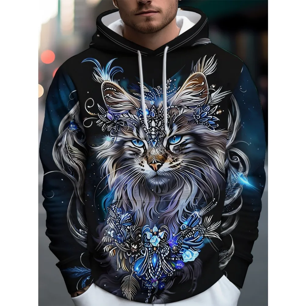 Ornate Blue Eyes Long Hair Cat Tribal Jewelry 3D Print Men Hoodie Black Background Unisex Loose Hooded Sweatshirt