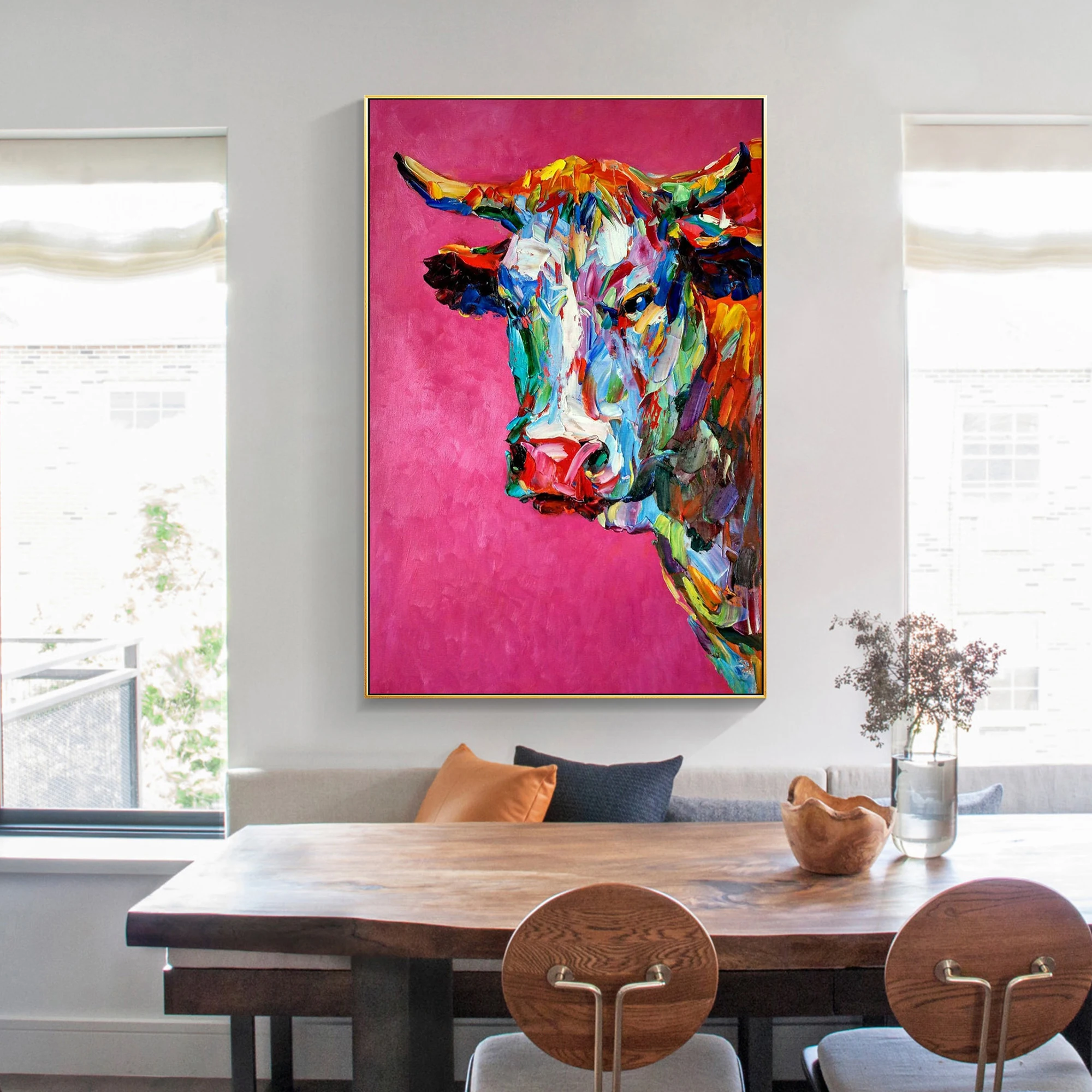 

Hand Painted Cow Bull Acrylic Palette Knife Textured Painting On Canvas Impressionist Colorful Animal Art Modern Wall Art Decor