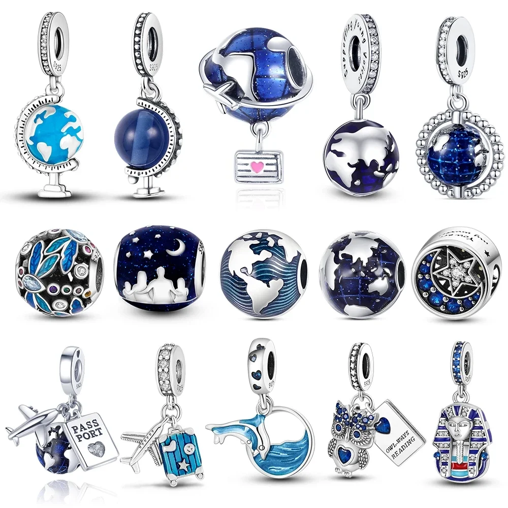 MULA 925 Sterling Silver Blue Series World Globe Charms Earth Airplane Charms Pendant Beads Fit Original Bracelet Women