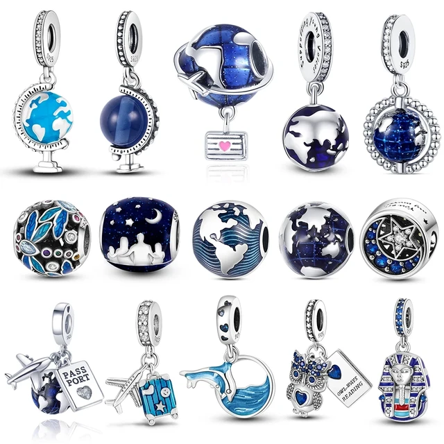 MULA 925 Sterling Silver Blue Series World Globe Charms Earth Airplane Charms Pendant Beads Fit Original Bracelet Women AliExpress