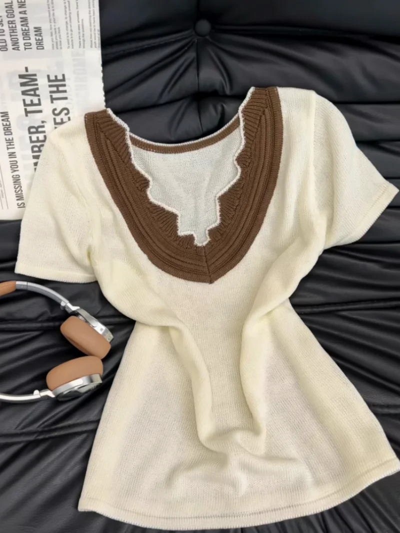 Recommended Self-Preserved Gentle Color Block V-Neck Short Sleeve Knitwear Women's Loose Versatile Stylish Top Summer New Arr...