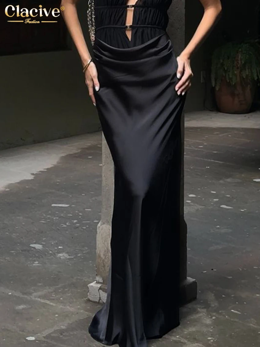 

Clacive Casual Loose Black Satin Women's Skirt 2025 Elegant High Waist Maxi Skirts Classic Simple Solid Skirt Female Clothing