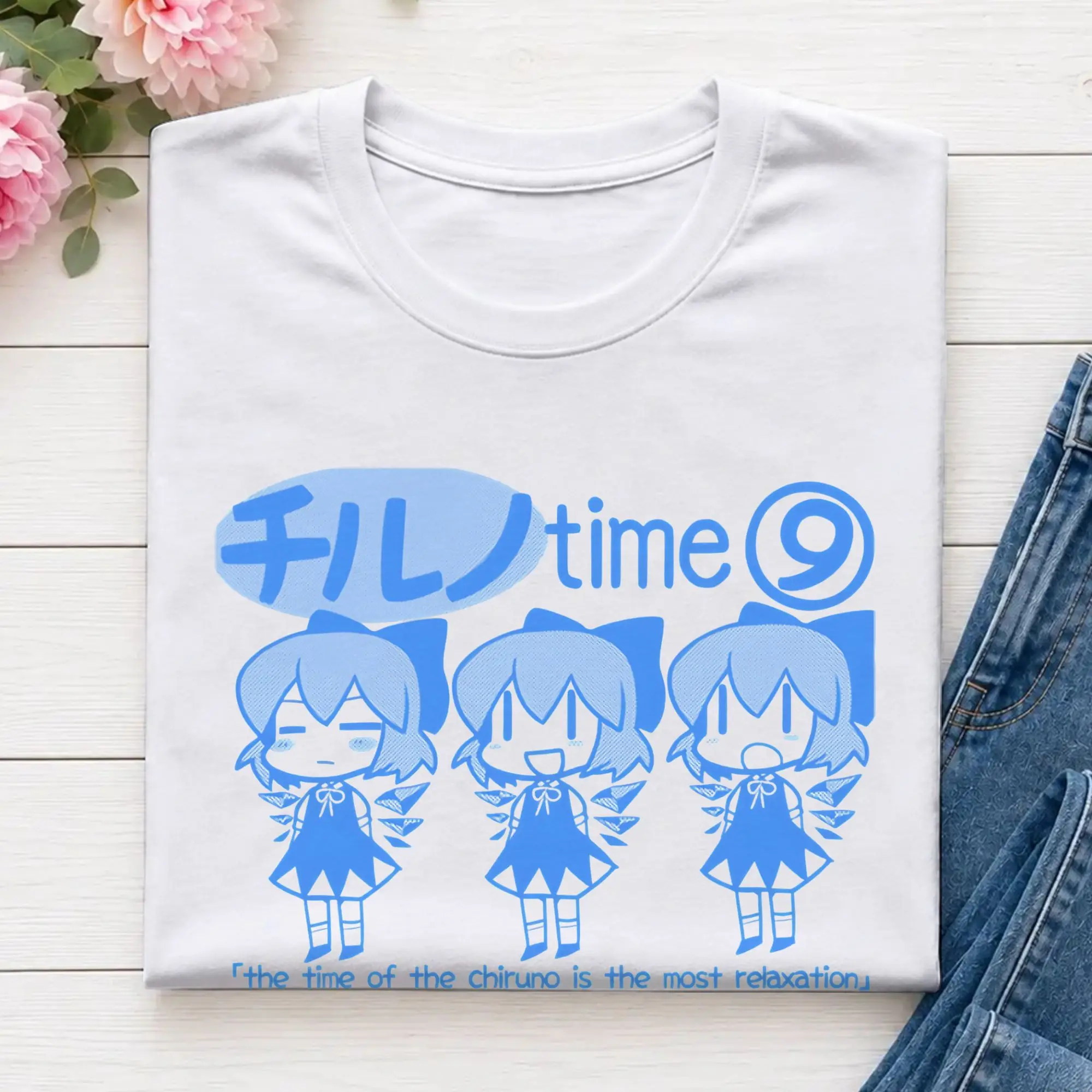 Touhou  Chill Cirno Time  T-Shirt Beach Touhou Project 100% Cotton T-Shirts For Adult Novelty Casual Tshirt Short Sleeve Tops