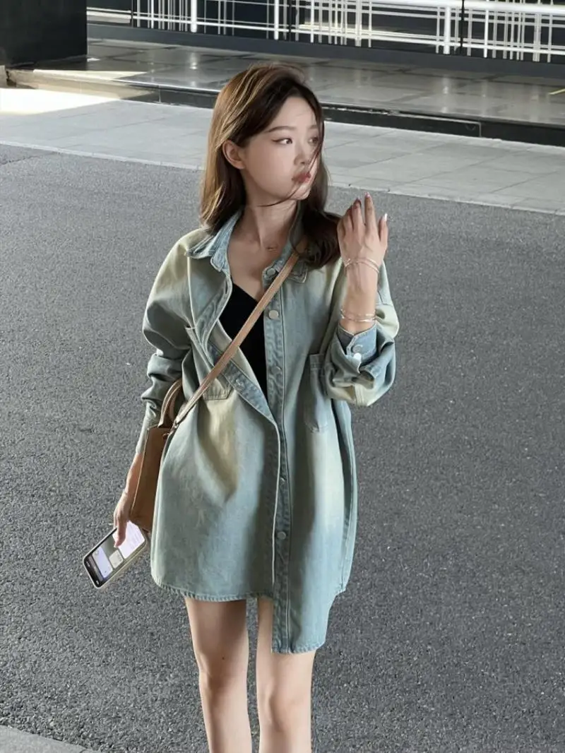 

Джинсовое пальто женское длинное женское осеннее саржевое пальто на пуговицах винтажное модное субкультура прямые погоны с поясом на поясе для отдыха шикарное