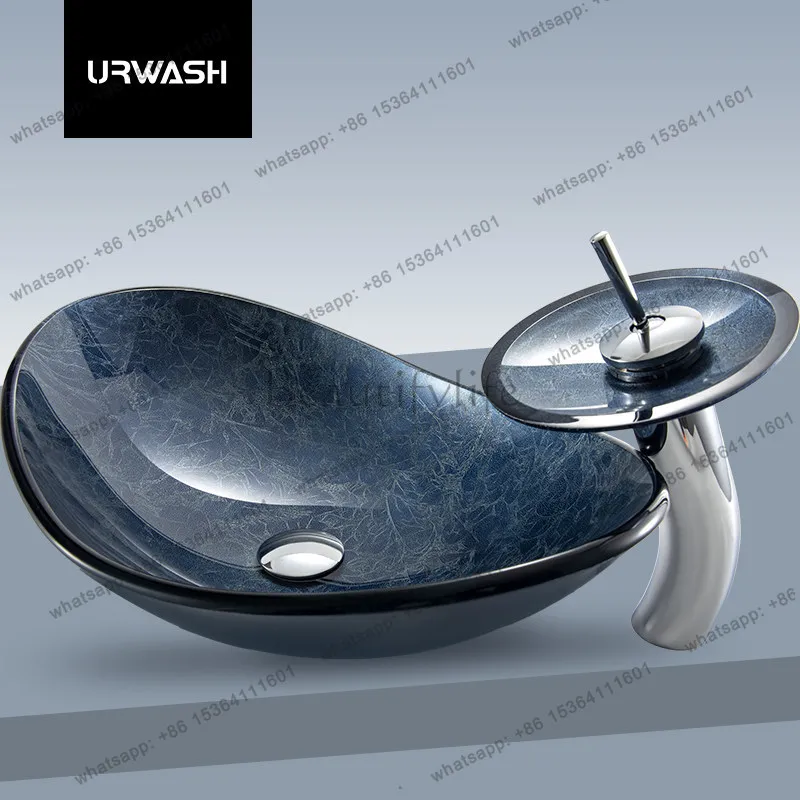 Tempered glass countertop basin home simple gray blue art basin ingot-shaped homestay square creativity