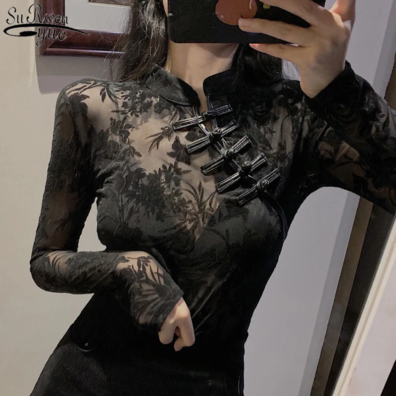 2024 Fashion Lace See Through Shirts and Blouses Woman Long Sleeve Slim Chinese Turtleneck Black Sexy Top for Women Y2k 11350