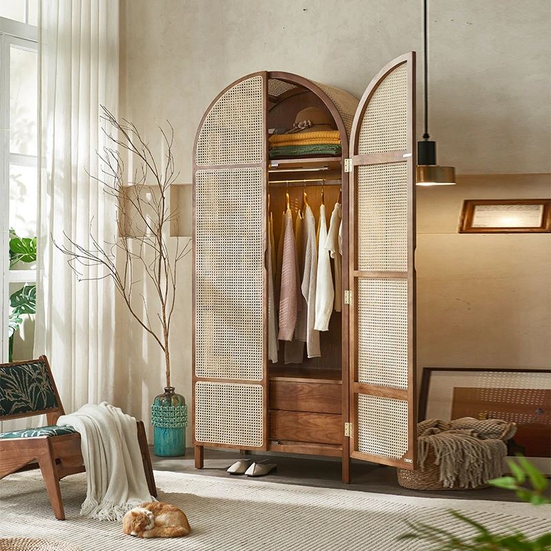 

Nordic solid wood rattan wardrobe storage cabinet Small apartment retro homestay arched dome casement door Storage clothing cabi