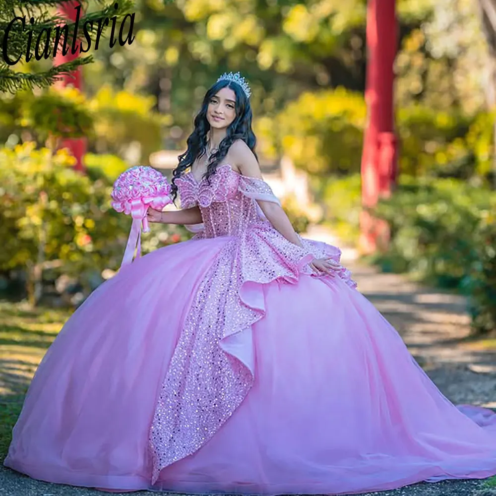 

Pink Glitter Beading Sequined Quinceanera Dresses Ball Gown Off The Shoulder Ruffles Sweet 15 Años Mexican Customized
