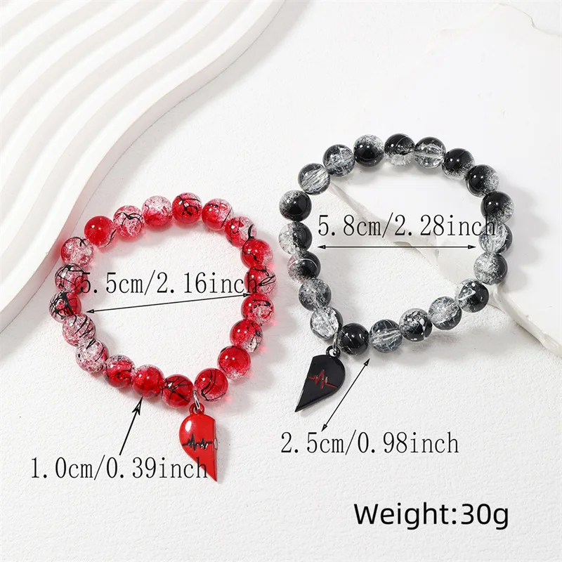 2Pcs Romantic ECG Heart Charms Couple Bracelet For Lover Women Men Magnetic Red Black Beaded Bracelets Party Jewelry Gifts