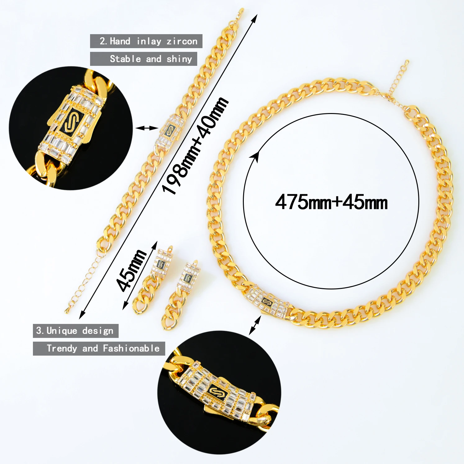 Italian Hip Hop Cuban Link Chains Jewelry Set 21k Gold Plated Islamic Cubic Zirconia Necklace Algeria Women Men Wedding Jewelrys