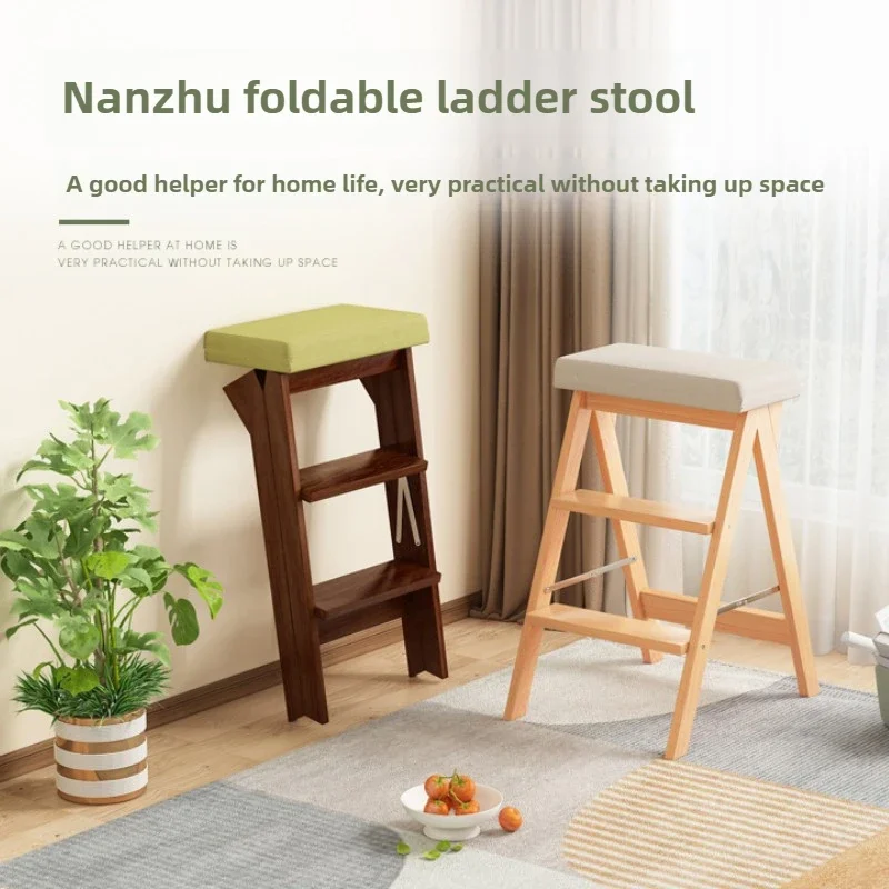 Bamboo Ladder Stool Home Kitchen Folding Ladder Chair Multi-functional Pedal Bar Stool Three-step Ladder Indoor Flower Rack