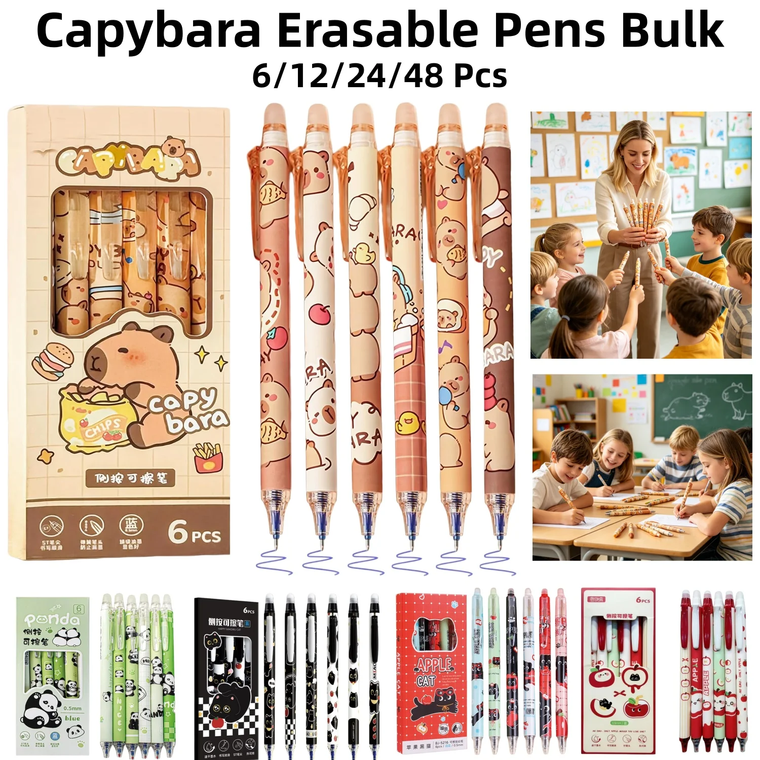 

6-48Pcs Capybara Pen Cute Erasable Retractable Pens Erasable Gel Ink Pens Cartoon Capybara Pen 0.5mm Fine Point Blue Ink Pen