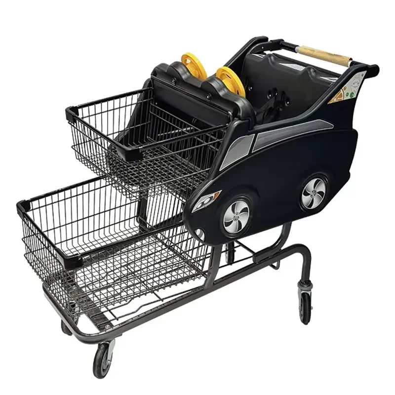 Double Seats Metal Hand Push Shopping Cart Supermarket Trolley 80-160kg Load Capacity CE Certified Unfolded Design Chrome
