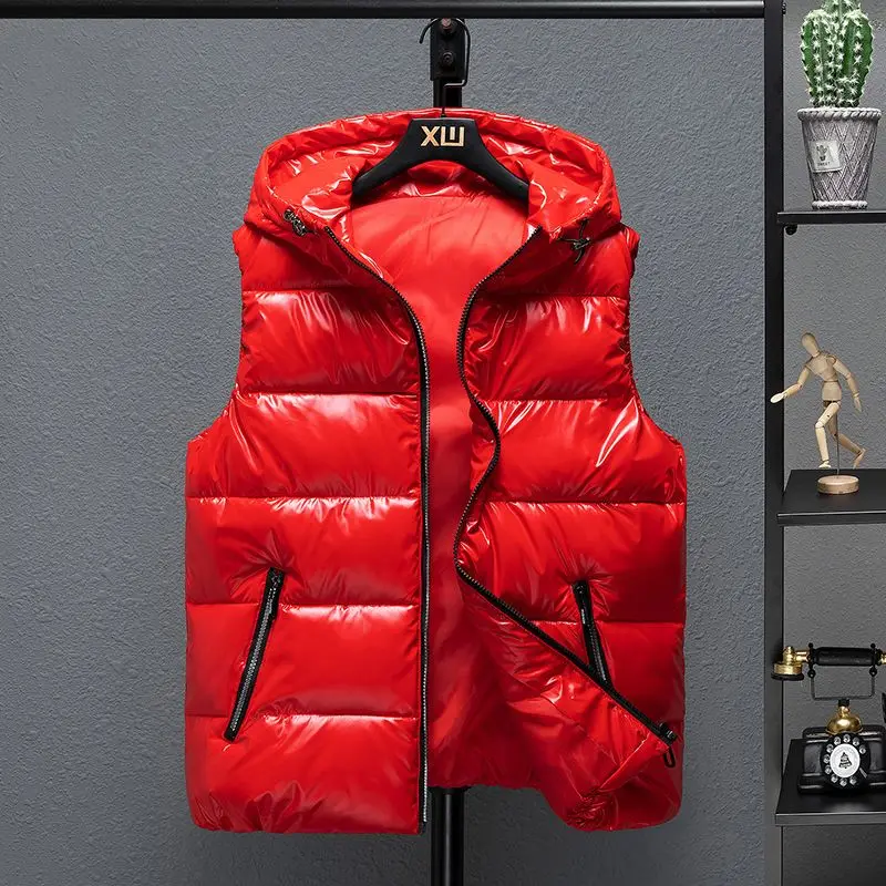 

Глянцевый жилет с термоизоляцией для мальчиков, молодежная уличная накидка с капюшоном, удобная для пары зимняя верхняя одежда, стильная защита от холода ​