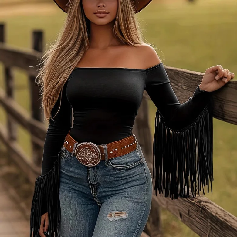 Sexy Off Shoulder Wrap Chest Tight Body T Shirt Women Long Sleeves Tassel Retro Western Style Shirt Ladies Tee Tops Camisetas