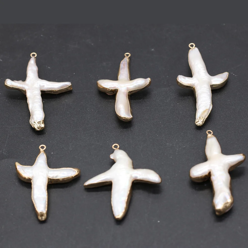 Charms Natural Pearl Pendant Cross Shape White Pearl Pendant for Women Making DIY Necklace Accessories 20x40-30x45mm