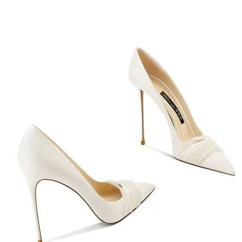 

White Genuine Leather Elegant Dress Shoes High Heels Princess Style 2025 Spring New Style Pointed Toe Thin High Heels for Women