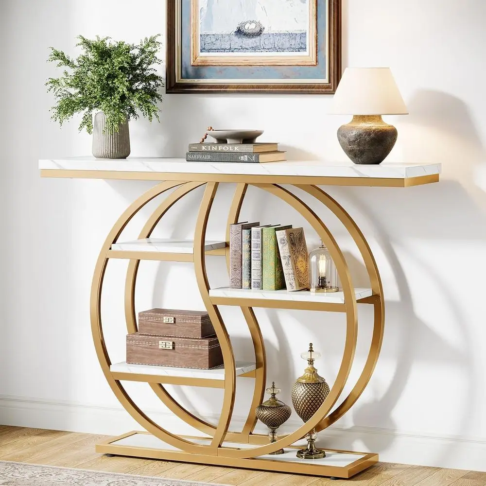 5-Tier Adjustable Entryway Table with Storage Shelves, White Gold Finish for Living Room, Hallway, or Behind Sofa