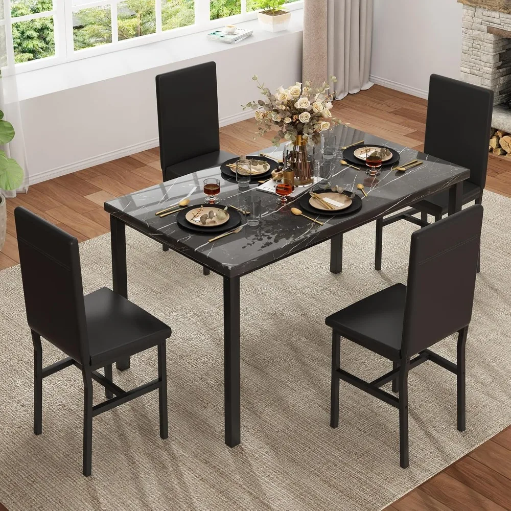 Conjunto de mesa de jantar para 4, conjunto de cadeiras de mesa de cozinha moderna de 4, conjunto de mesa de sala de jantar de mármore falso com 4 cadeiras de couro PU,