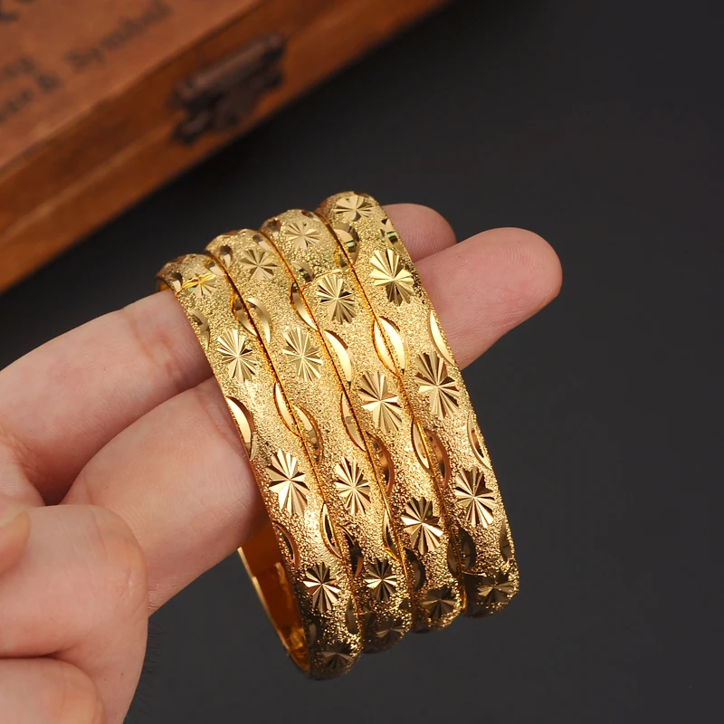 4pcs 24k Gold Color Bangle Women Dubai Bride Wedding Ethiopian Bracelet Africa Arab Jewelry Charm Jewelry Gift