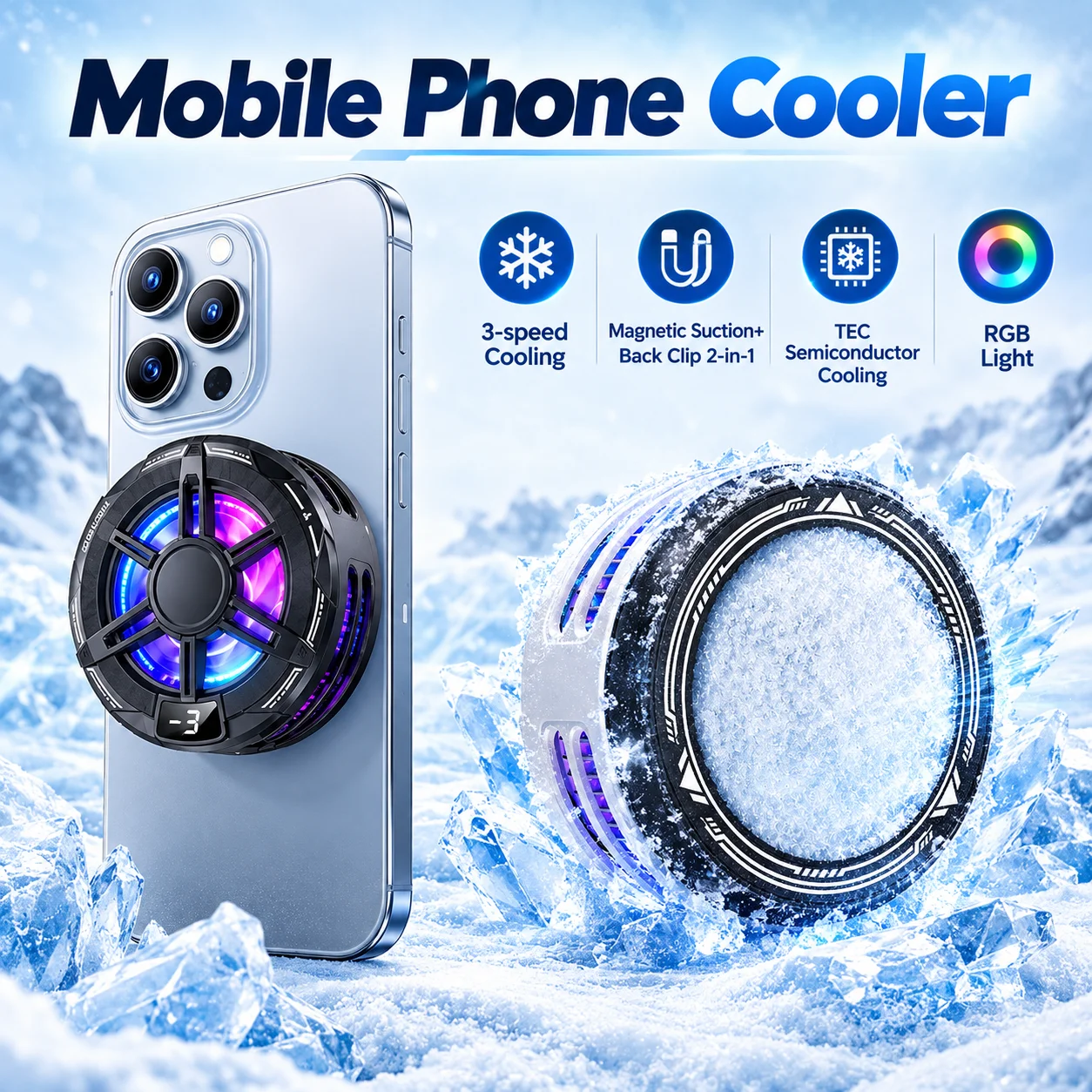 S62 Gaming Phone Cooler with RGB Light Magnetic+Back Clip 2-in-1 TEC Semiconductor Ice Cooling Radiator for iPhone Xiaomi Samsun