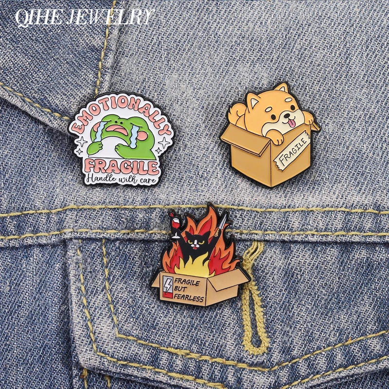 Fragile But Fearless Cat Dog Enamel Pins Cute Crying Frog Emotionally Fragile Handle with Care Brooches Lapel Badge Jewelry Gift