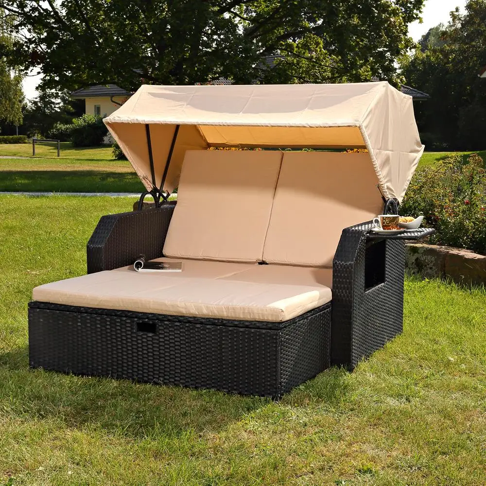 

Modern Style Leisure Outdoor Double Sun Bed with Stool Rattan Wicker Lounge Chair for Garden Poolside Canopy Bed Sofa for Hotels