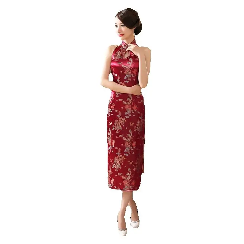 Chinese Tradition Wine Red Qipao Long Satin Split Cheongsam Performance Evening Cheongsam Slim Fit Retro Backless