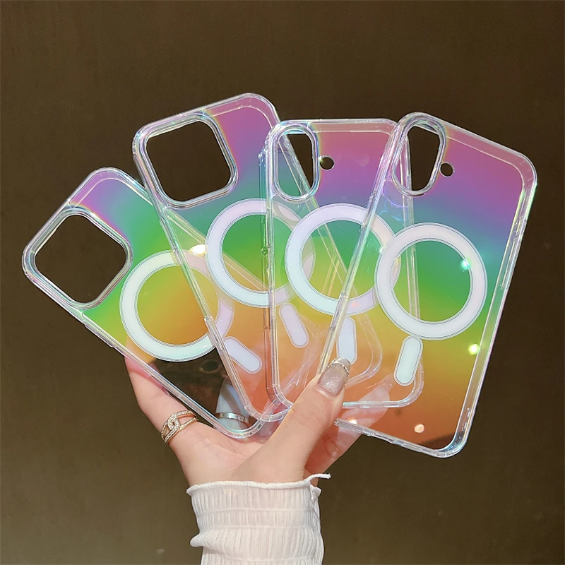 For Magsafe Magnetic Wireless Charging Rainbow Laser Clear Case For iPhone 16 15 14 13 12 11 Pro Max X XS XR 8 7 16Plus SE Cover