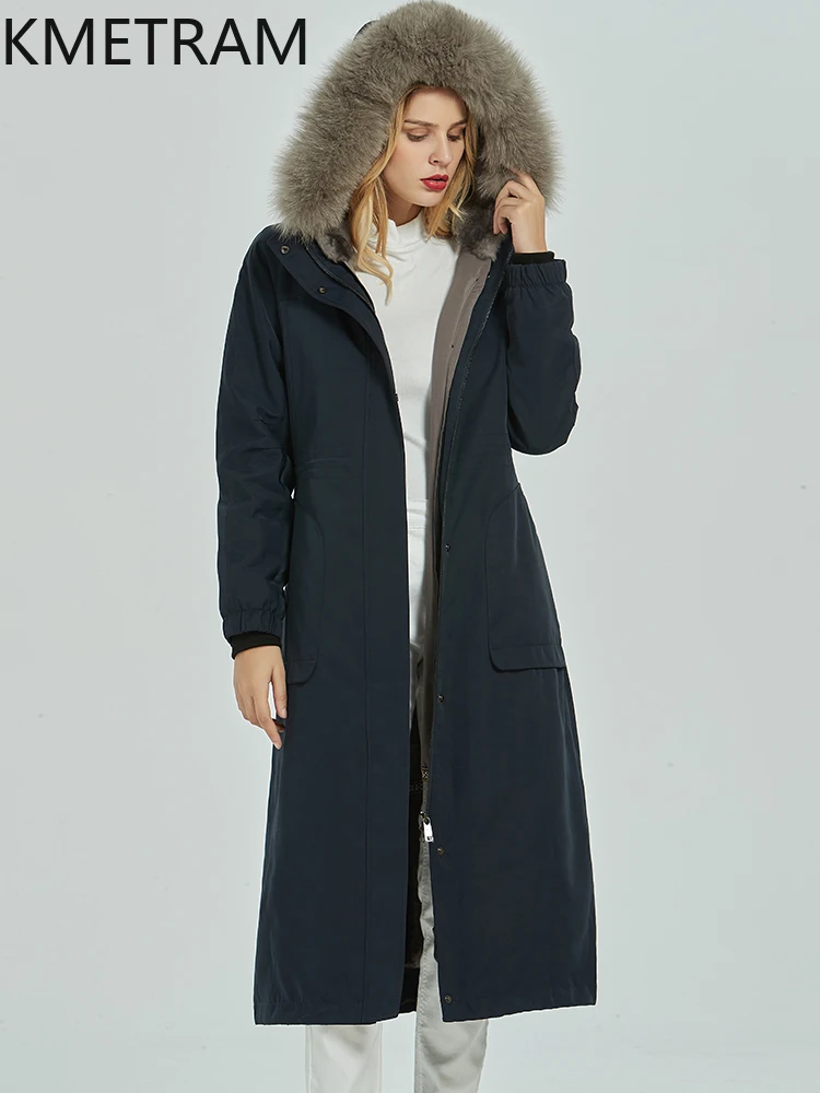 KMETRAM Natural Rex Rabbit Fur Lining Fur Coat Long Parkas Jacket Woman Fox Fur Collar 2025 Winter Hooded New Outerwears пальто