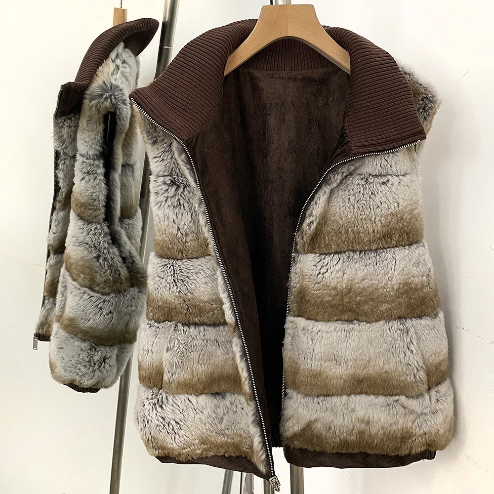 OFTBUY Knit Collar Zip Up Two Sides Wear Fur Waist Coat Women Reversible Real Rabbit Fur Vest New Winter Fur Clothing Female