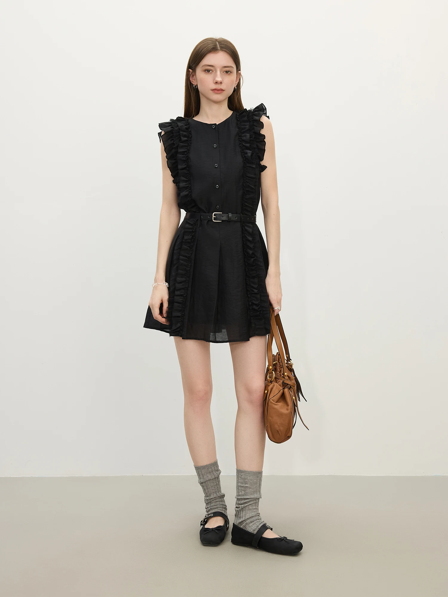 FSLE 2025 Abito estivo plissettato in lino da donna - Ricami intricati e romantici abiti casual con volant 25FS12503