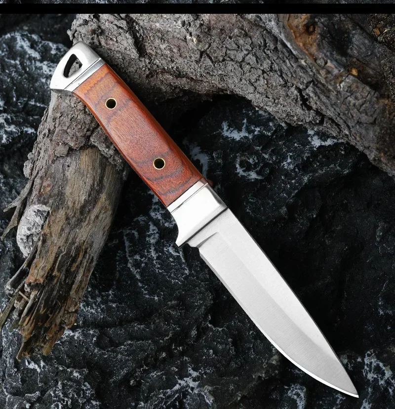 

Outdoor mahogany handle pocket knife, high hardness 5CR13 stainless steel straight knife with sheath, camping EDC survival knife