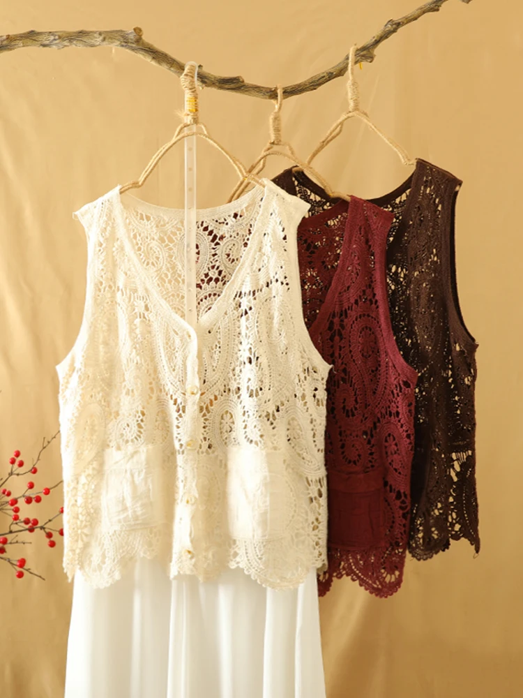 plus Size Women's Vintage Knitted Hollow out Vest Top Slimming V-Ne ket Versatile Cardigan Summer Thin Casual Loose Fit