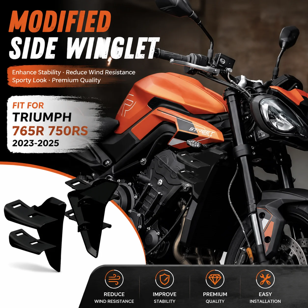 

For Triumph Street Triple 765 RS 2023-2025 Front spoiler Lower spoiler flank 765R 765RS Side Wing Side spoiler FRONTAL SPOILERS