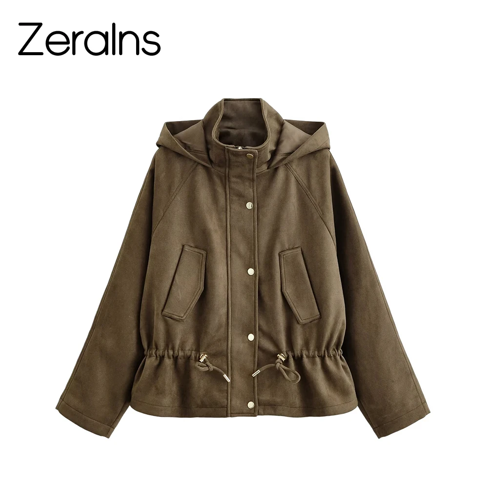 

ZERAINS Women's autumn and winter vintage high-end stand up collar hooded jacket with drawstring suede jacket