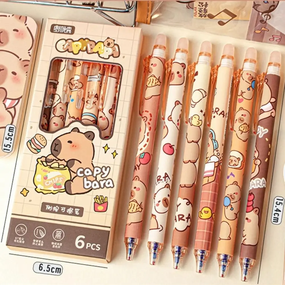 

6 шт., креативная стираемая ручка Kawaii Capybara, мультяшная эстетическая милая ручка для письма, синие чернила, гелевая ручка 0,5 мм для студентов