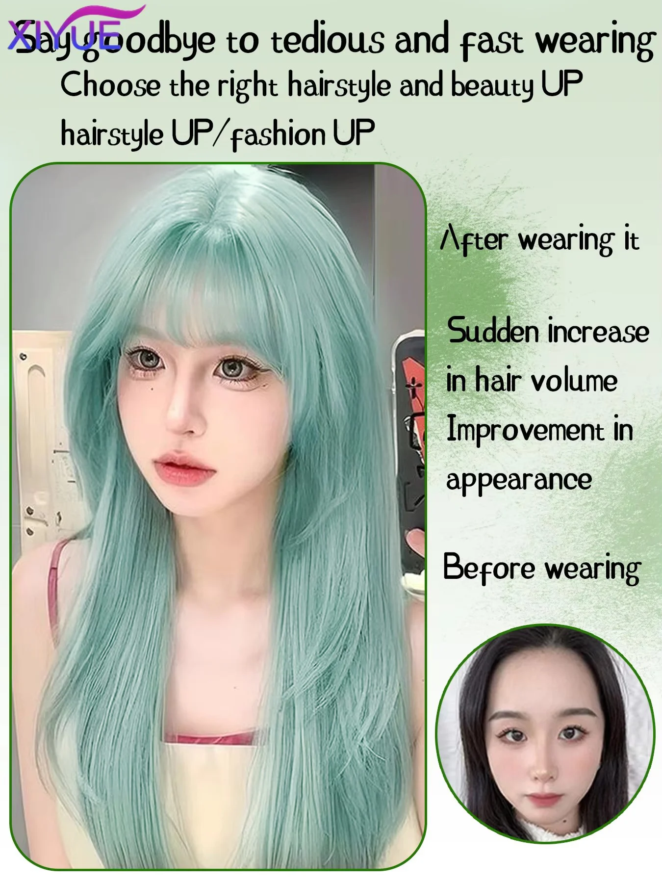 XIYUE Light Green Long Wavy Synthetic Wigs with Bangs Light Green Cosplay Wig for Women Lolita Wig Heat Resistant Natural Hair