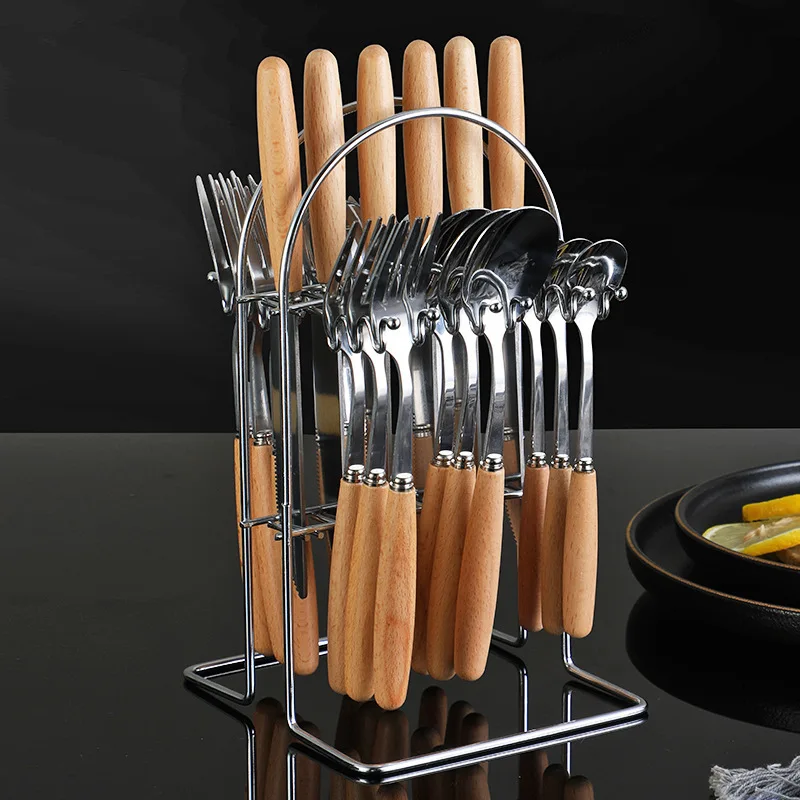 Custom Logo Stainless Steel Knife Fork Spoon Set Japanese Style Wooden Handle Tableware
