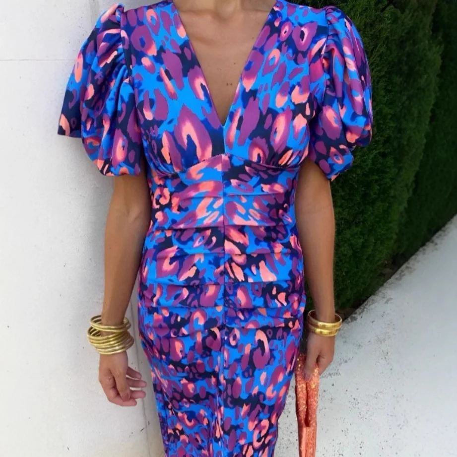 Elegant Women's Dresses Summer Print V-neck Tight Short Sleeved Dress Women Vestidos De Fiestas Elegantes Mujer Robe Femmes view 2