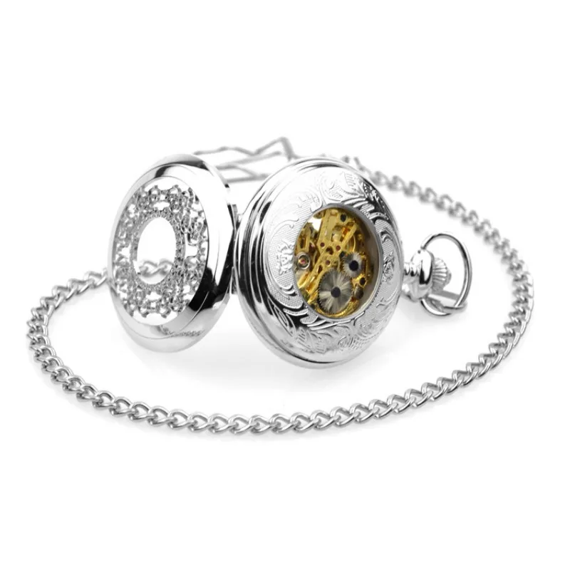 White Floral Roman Mechanical Retro Flip Hollow Necklace Pocket Watch Men and Women Watches