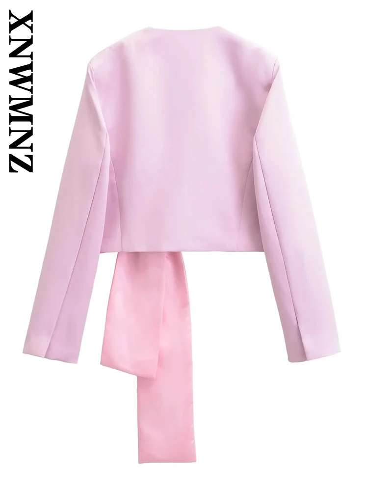 XNWMNZ 2024 New Woman's Autumn Fashion Blazer Top Ladylike Spring Chic V-Collar Long Sleeve Coat Short Solid Color Bow Lace Jack