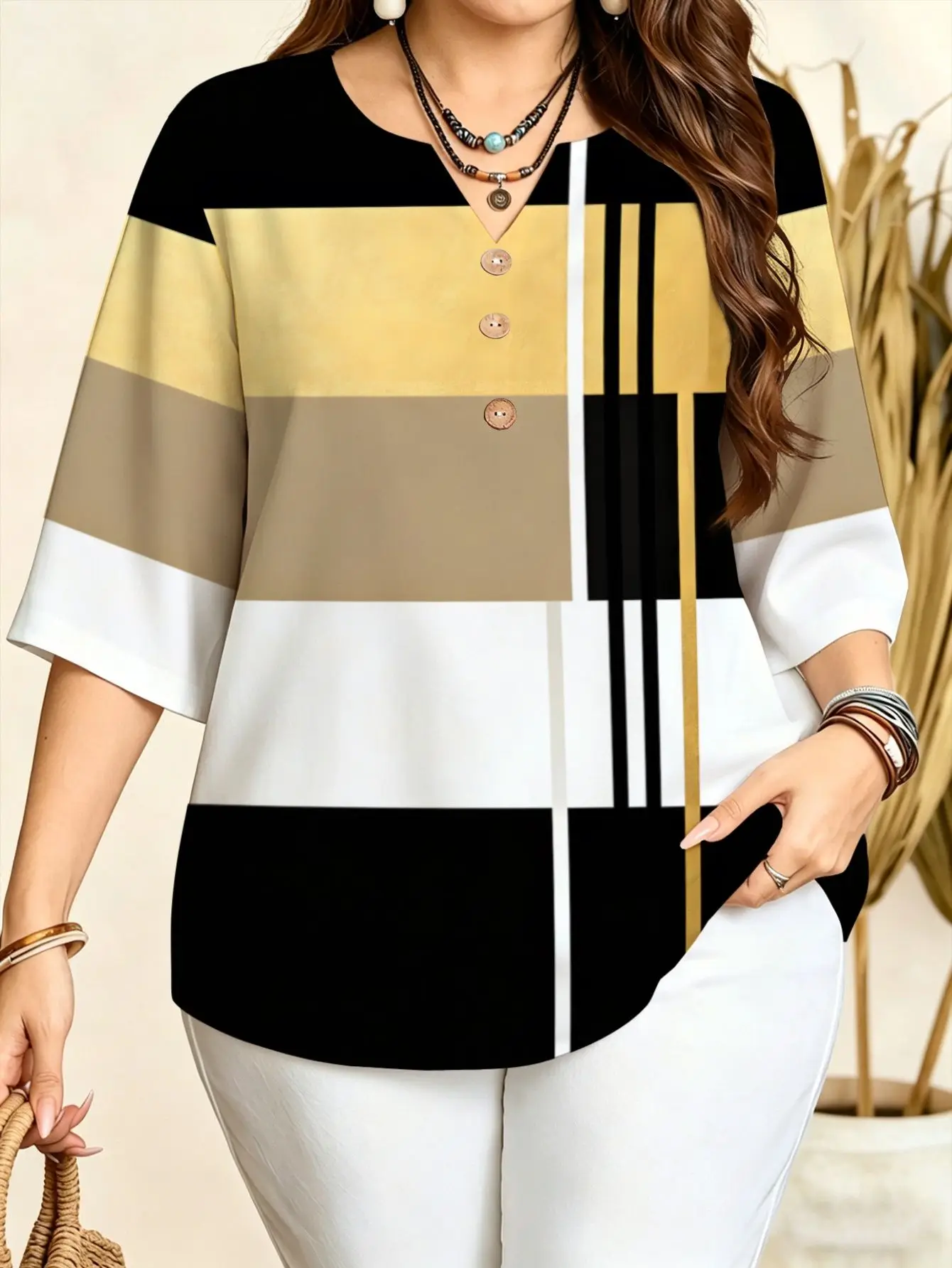Floral Dot Vertical Stripe Color Block Plaid Cross Notch V Neck 3/4 Sleeve Printed Loose Casual Blouses For Women