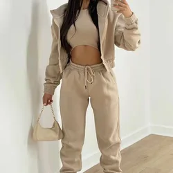 3 Piece Sets For Women Sexy Crop Top Pants With Coat Three Piece Sets Autumn Winter Casual Jaceks  Sweatpants Sports Outfits