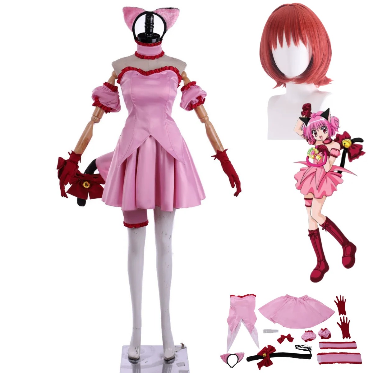 

Pink Princess Dress Tail Wig Woman Sexy Kawaii Masked Ball Suit Anime Tokyo Mew Mew Momomiya Ichigo Mew Ichigo Cosplay Costume