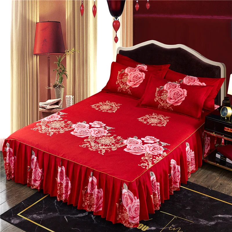 Rose Wrap Around Bedskirt Romantic Floral Bed Skirt Soft Microfiber 3 Side Coverage Gathered Ruffled Bed Sheet with Pillowcases