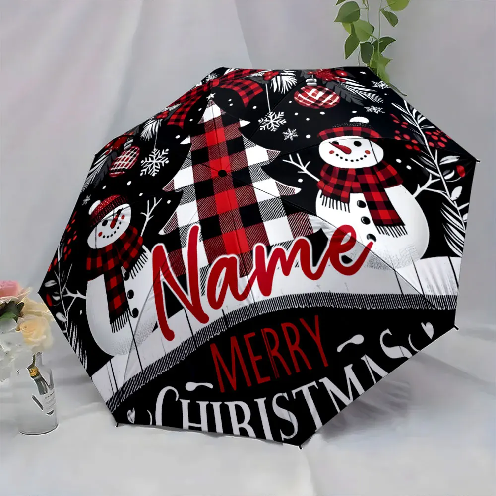Custom Name Festive Christmas Umbrella with Snowman and Plaid Print 8 Iron Ribs Folding Umbrella Auto-Open Fashion Sunshade