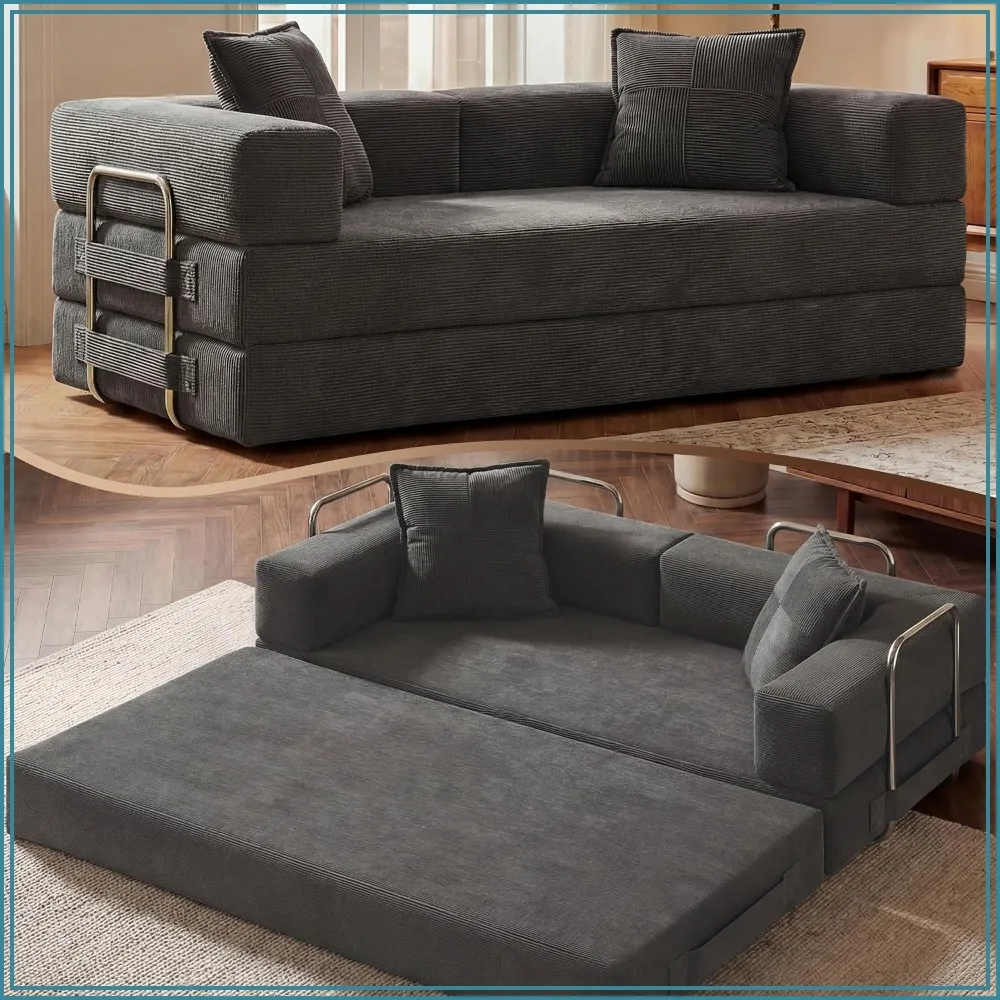 78 Inch 5-in-1 Convertible Futon Sofa Bed, Boneless Corduroy, Grey