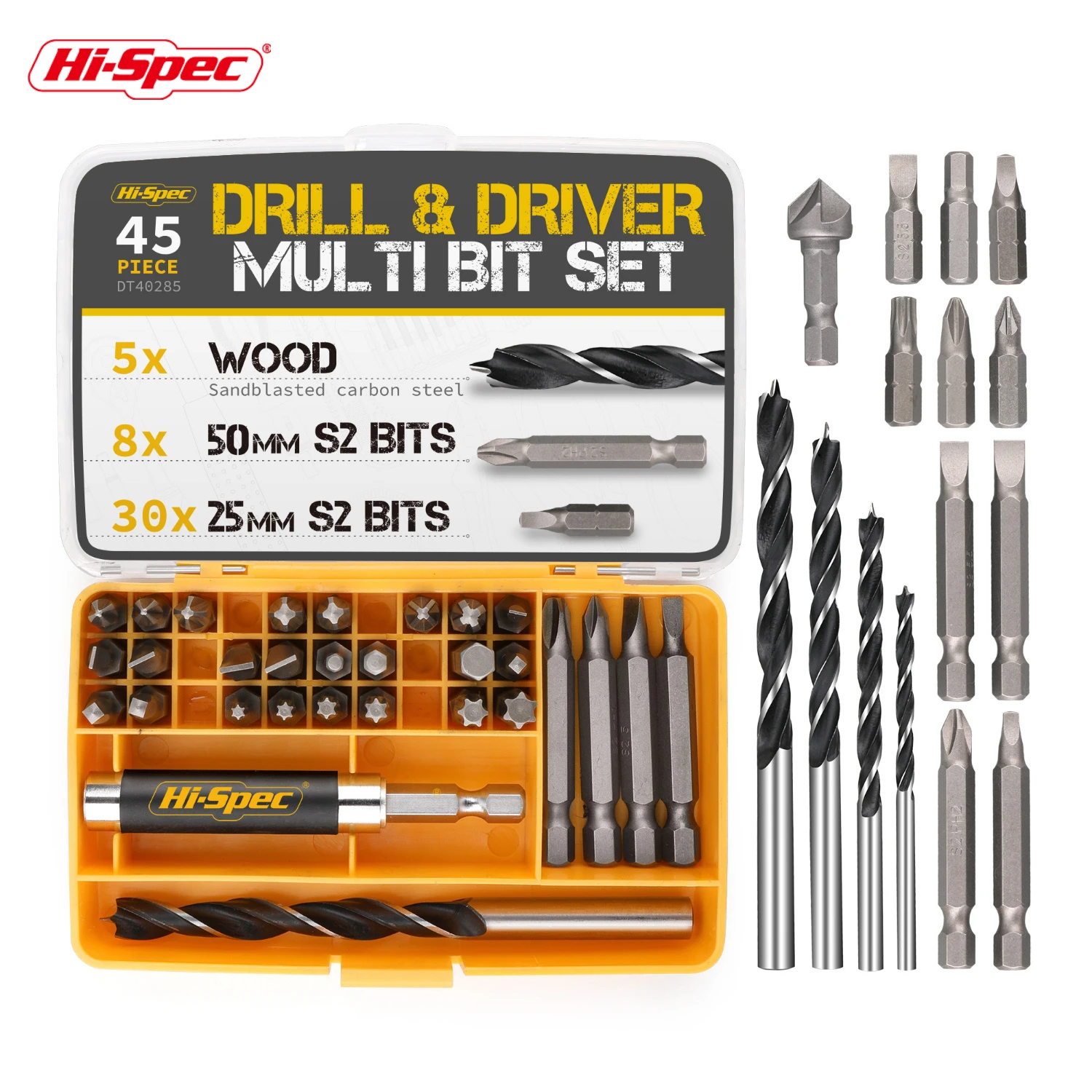 

Hi-Spec 45pc Wood Drill Bits 3,4,5,6,8mm Hex Shank Driver Bits S2 Screw Driver Twist Drill Bit Set With Screw Sleeve Holder Mini